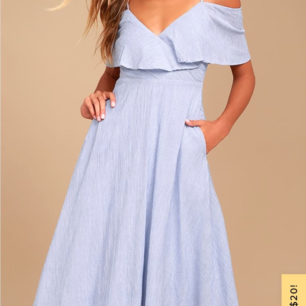 Lulu’s Yacht Rock Blue and White Striped Off-the-Shoulder Midi Dress (Size S)